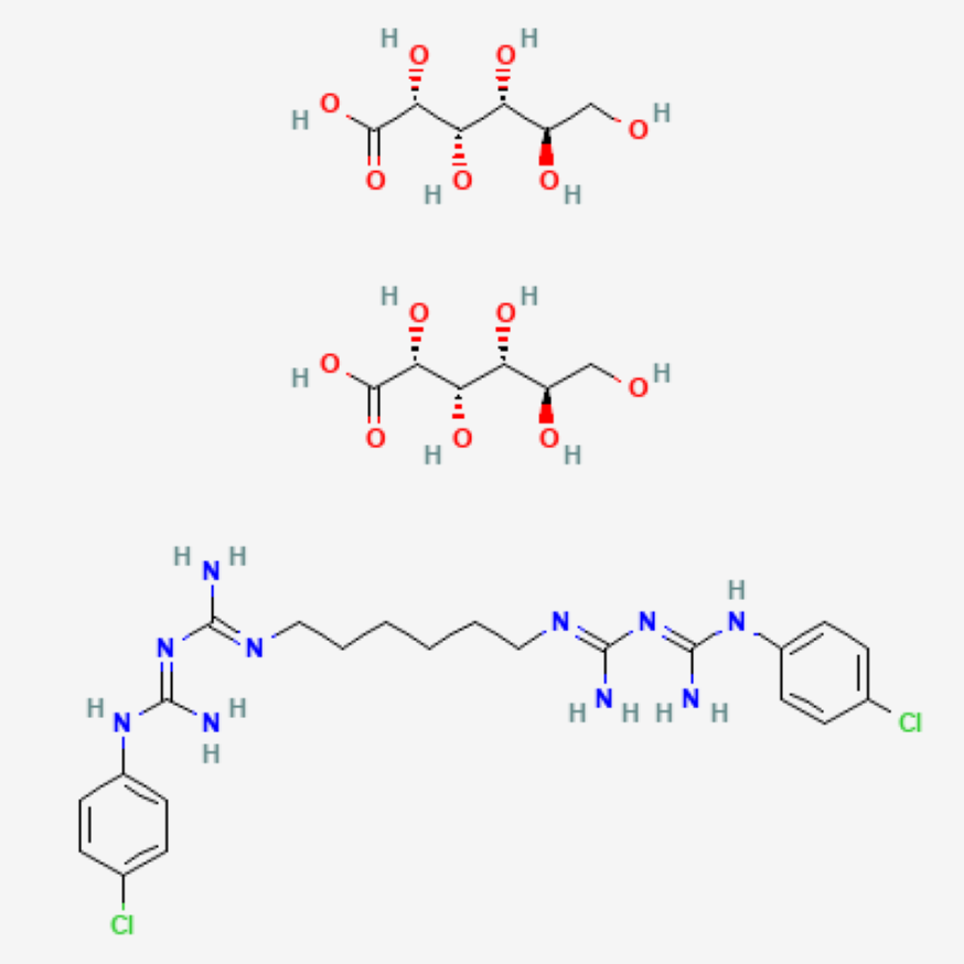 Molecular structure of CHG, a commonly used antiseptic to reduce bioburden help prevent HAIs.